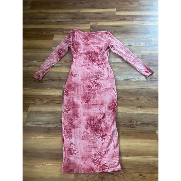 SHEIN Curve 0XL Pink Print Corset Maxi Dress Bodycon Mesh Long Sleeve Y2K - Picture 2 of 11